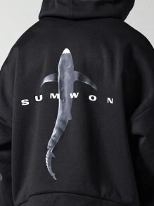 SUMWON 宽松版型连帽衫，背面有图案印花 - 黑色 - 查看 6