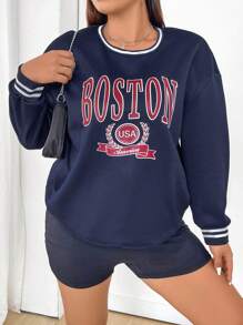 Flirla Women'S Plus Size Color Block Letter Printed Sweatshirt With Decorative Edges