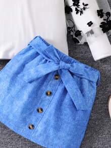 SHEIN Young Girl Autumn Long Sleeve Top & Skirt Set With Bow Belt - Multicolor - View 5