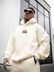 Men Slogan Graphic Kangaroo Pocket Hoodie - Apricot - View 1