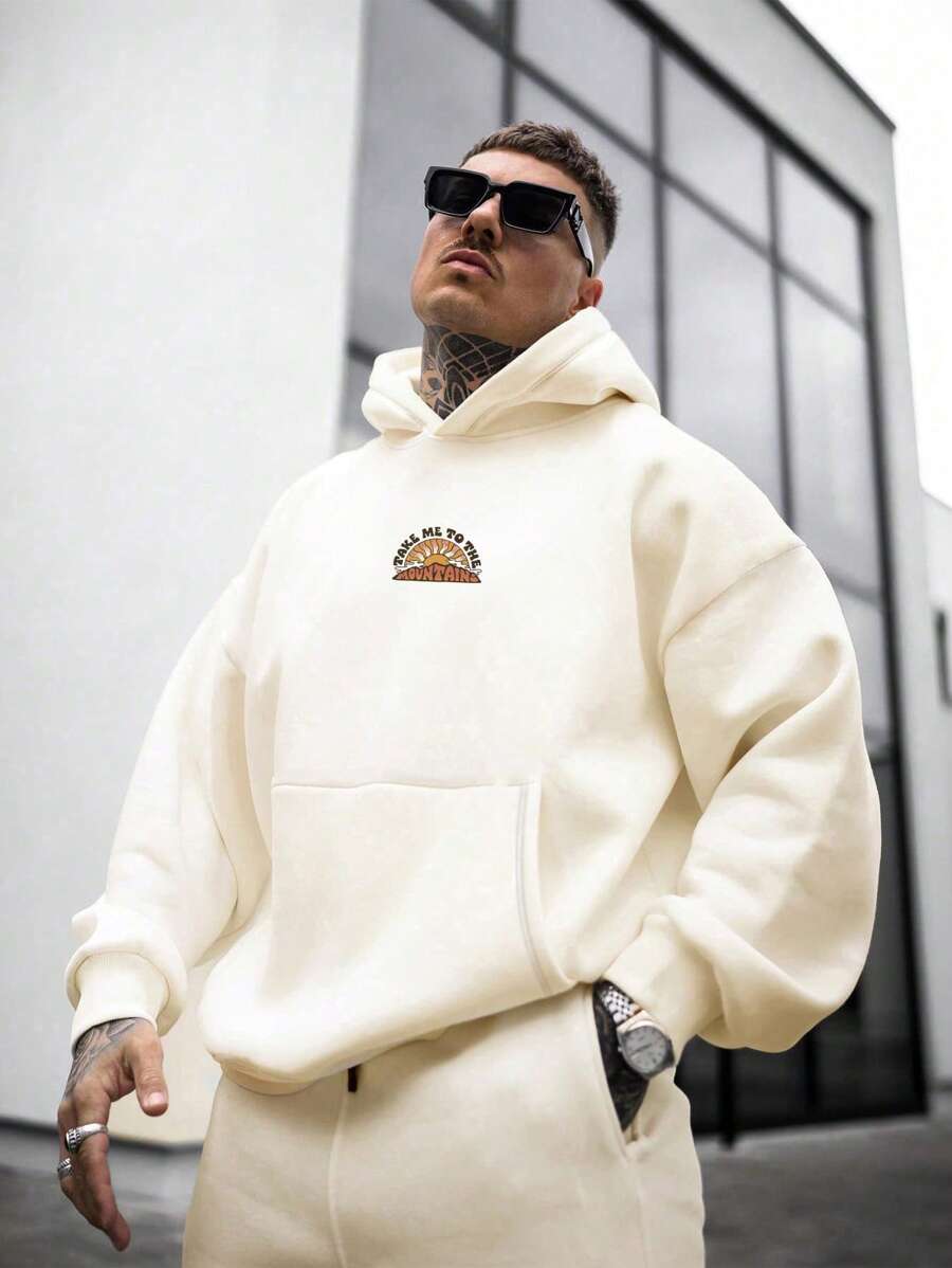 Men Slogan Graphic Kangaroo Pocket Hoodie - Apricot - View 1