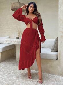 SHEIN SXY 仿古風袖口綁帶前短上衣 - 紅色 - 查看 5