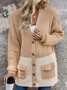 SHEIN LUNE Women'S Color Block Drop Shoulder Cardigan Sweater - Apricot - View 4