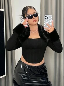 SHEIN ICON 女士大尺碼毛絨拼接長袖修身t恤 - 黑色 - 查看 2