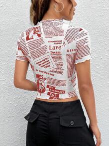 SHEIN EZwear Newspaper Print Lettuce Edge Cropped Top - Red - View 2