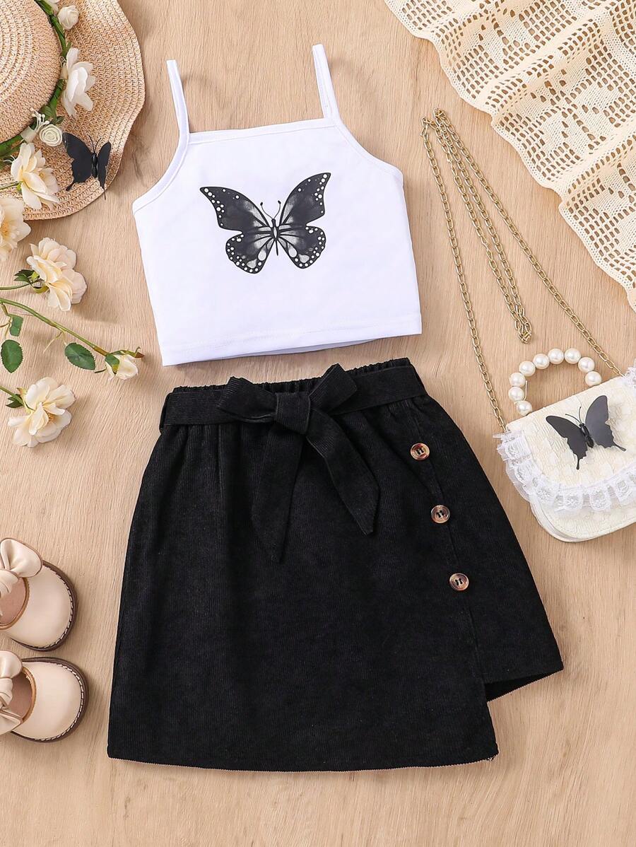 Conjunto De Camiseta Sin Mangas Y Falda Impresa Con Mariposas Para Niñas Pequeñas - Negro - Ver 1