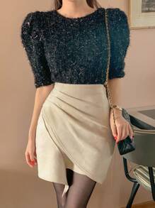 DAZY Chân váy nữ thanh lịch với đường viền bất đối xứng, chân váy nữ mùa thu đông, chân váy năm mới. - Màu be - Xem 1