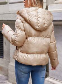 EURMUSE Zippered Hooded Padded Coat - Beige - View 2