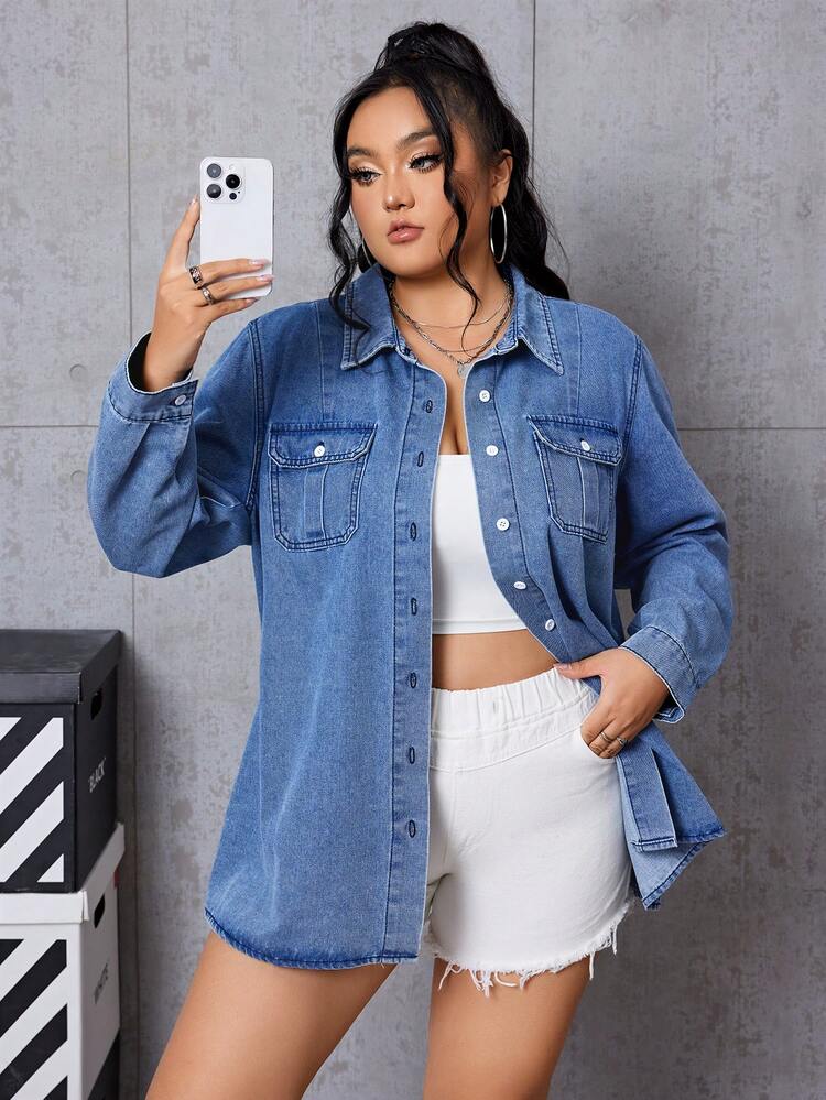 SHEIN EZwear Plus Size Drop Shoulder Denim Top - Light Wash - View 5