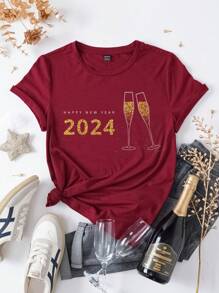 SHEIN LUNE 女款金色印花農曆新年鬆身短袖圓領T恤 - 紅木色 - 查看 1