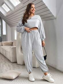 SHEIN Essnce Kích thước lớn Khối màu Cán Hem Tay áo lồng đèn Top Cây trồng Và Quần Bộ - Xám - Xem 2