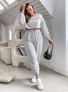 SHEIN Essnce Kích thước lớn Khối màu Cán Hem Tay áo lồng đèn Top Cây trồng Và Quần Bộ - Xám - Xem 4