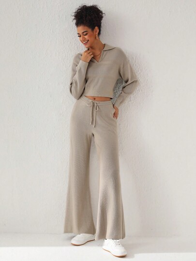 Amiko Conjunto de dos piezas de suéter con cuello y pantalones de punto para dama, ropa de mujer para vacaciones, vacaciones, festivales, ajuste Ibiza