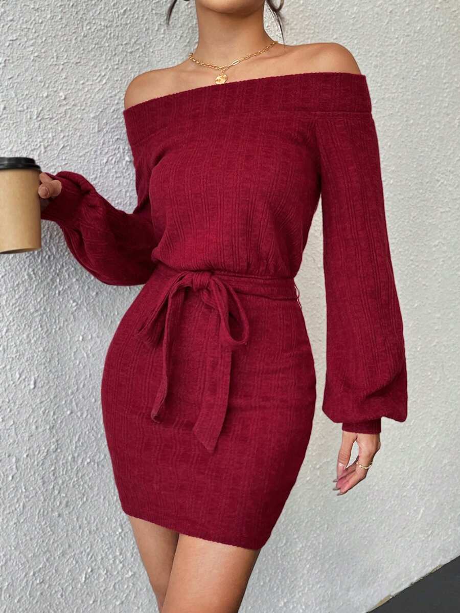 SHEIN Essnce 一字肩燈籠袖腰帶緊身洋裝 - 紅色 - 查看 1