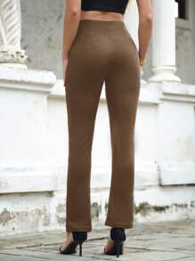 EURMUSE High Waist Straight Leg Pants - Brown - View 2
