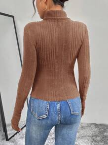 SHEIN Essnce Của phụ nữ Màu thuần Đồ đan Ribbed Cổ cao Lỗ ngón tay cái Áo thun - Cà phê nâu - Xem 2