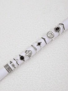 ROMWE Goth 11pcs/Set Fashionable Personalized With Zinc Alloy Hollow Crown Sun Geometric Circle Pattern Diamond-Shape Vintage Base Ring Set For Women, Party Gift - Antique Silver - View 2