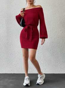 SHEIN Essnce 一字肩燈籠袖腰帶緊身洋裝 - 紅色 - 查看 6