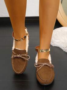 女士圆头蝴蝶结棕色保暖内衬保暖平底鞋（大码）出口 - 棕色 - 查看 3