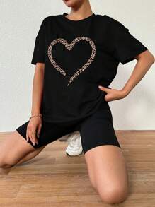 BamGleam Loose Oversized Simple Drop Shoulder T-Shirt Graphic Cheetah Print Tees Women Tops - Black - View 3