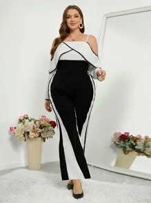 SHEIN Privé 女士加大碼浪漫優雅情人節肩帶荷葉邊露肩色塊連身褲 - 黑與白 - 查看 3