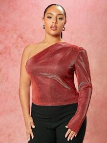 SHEIN BAE Plus Size One-Shoulder Glitter Bubble Sleeve Top - Green - View 1