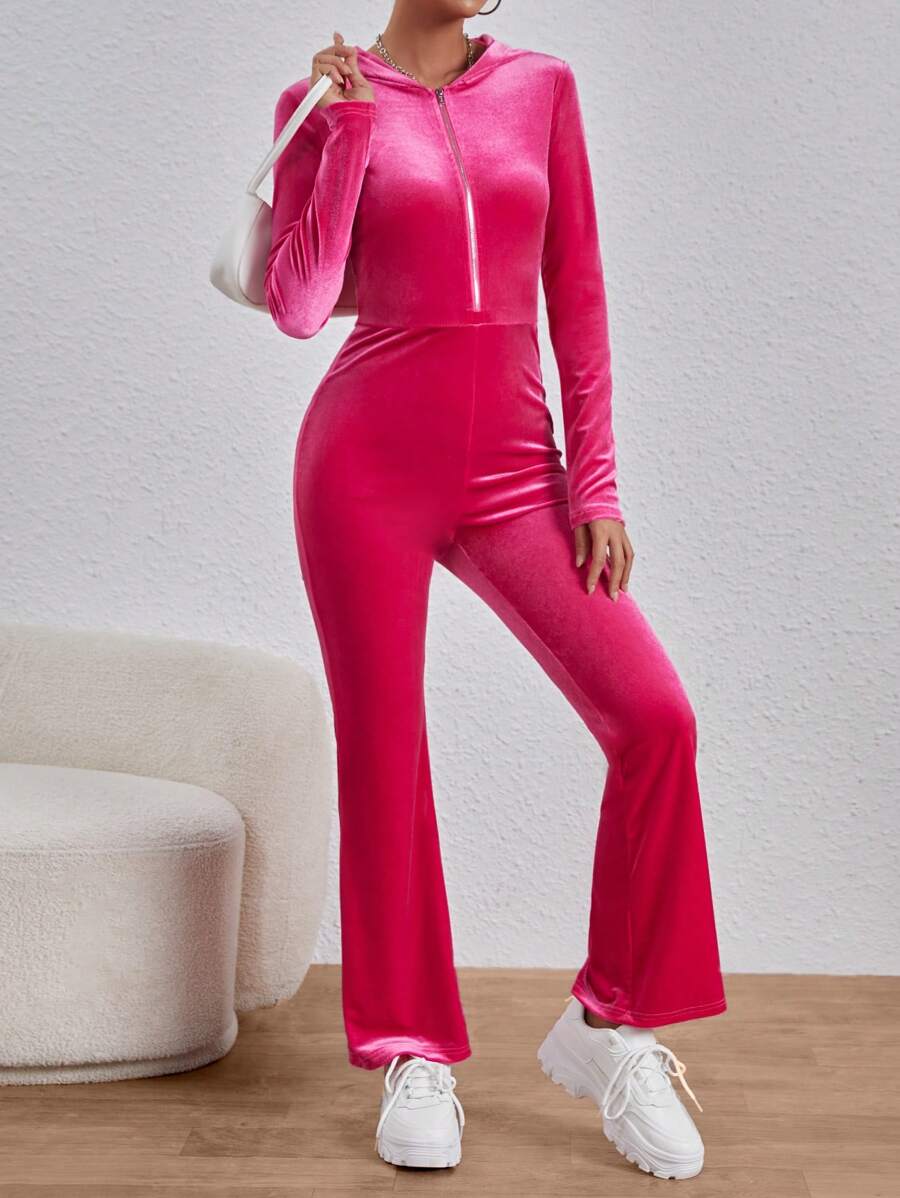 SHEIN EZwear Women'S Velvet Tight-Fitting Hooded Jumpsuit - Hot Pink - View 1