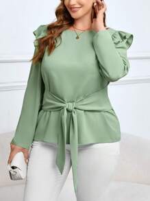 SHEIN Clasi Kích thước lớn Của phụ nữ Viền Ruffle Trang trí Nơ Màu xanh lá Áo sơ mi - màu xanh lá - Xem 1