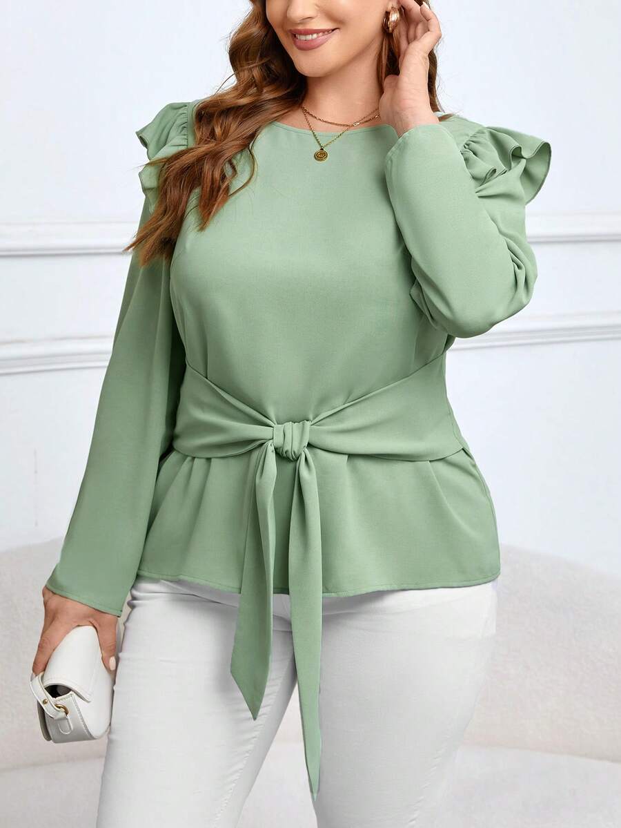 SHEIN Clasi Kích thước lớn Của phụ nữ Viền Ruffle Trang trí Nơ Màu xanh lá Áo sơ mi - màu xanh lá - Xem 1