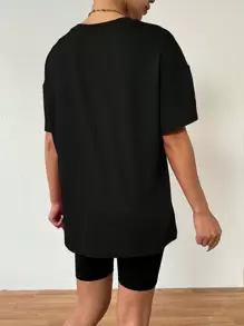 BamGleam Loose Oversized Simple Drop Shoulder T-Shirt Graphic Cheetah Print Tees Women Tops - Black - View 2