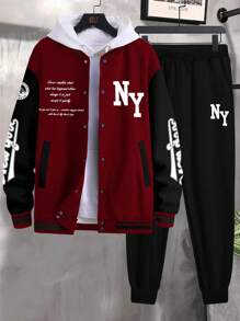 Manfinity Homme Bộ đồ hai mảnh họa tiết chữ màu khối thường ngày cho nam, trang phục mùa thu - Nhiều màu - Xem 5