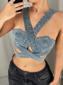 SHEIN ICON 女款交叉肩帶短版牛仔上衣 - 淺色水洗藍 - 查看 1