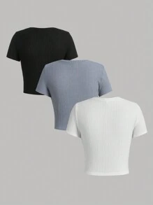 SHEIN Teenage Girls' Knitted Ribbed Solid Color T-Shirt 3pcs/Set - Multicolor - View 2