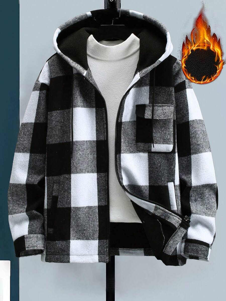 Manfinity Homme Men's Plaid Zipper Closure Hooded Fleece Jacket - Multicolor - View 1