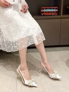 女士白色綁帶高跟鞋,最新夏季系列,獨特設計帶蝴蝶結,珍珠細節及尖頭設計,露趾開後跟涼鞋 - 白色 - 查看 7