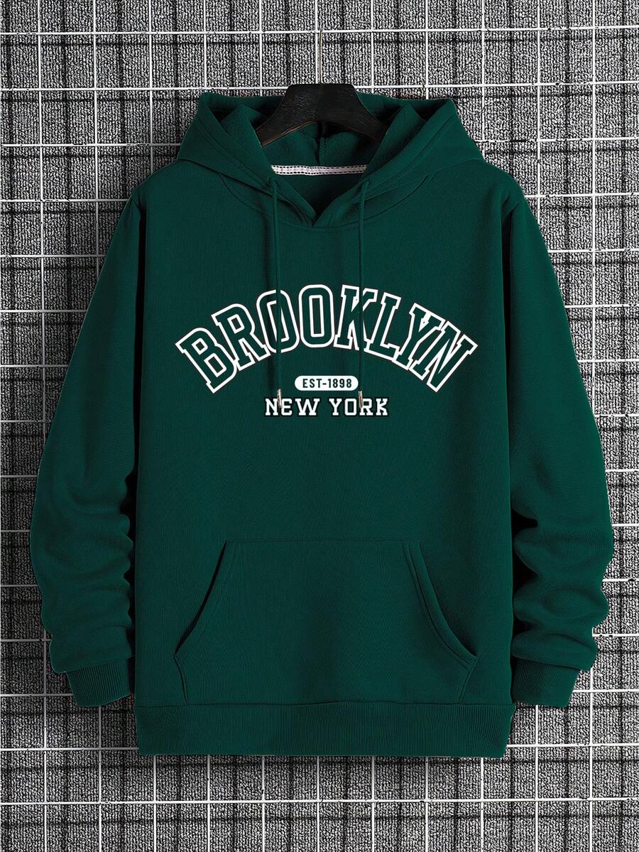 Men's Hooded Fleece Sweatshirt With Letter Print - Dark Green - View 1