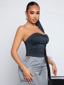 SHEIN SXY 女士實色百褶無肩帶上衣 - 黑色 - 查看 6