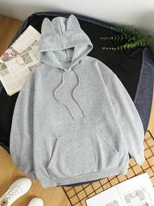 SHEIN EZwear 女卡通兔子印花連帽衫 - 淺灰色 - 查看 2