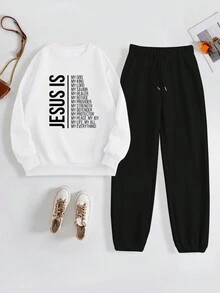 SHEIN EZwear Của phụ nữ In Khẩu hiệu Vòng cổ Áo nỉ Và Quần thể thao Bộ - trắng - Xem 4