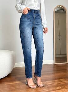 Women'S Rhinestone Embellished Jeans - Blue - View 4