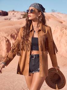 RELISH NOLESS Women Spring Summer Cowgirl Festival Country Concert Holiday Outwear Casual Sexy Boho Vacation Suede Fringe Jacket