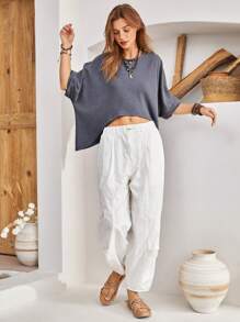 Bohemela Camiseta Estilo Vacacional De Ajuste Holgado Para Mujer Transpirable - Neblina azul - Ver 6