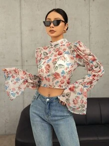 GENKIRA Women'S Floral Print Stand Collar Bell Sleeve Cropped Shirt Fall Cloth For Women - Multicolor - View 3