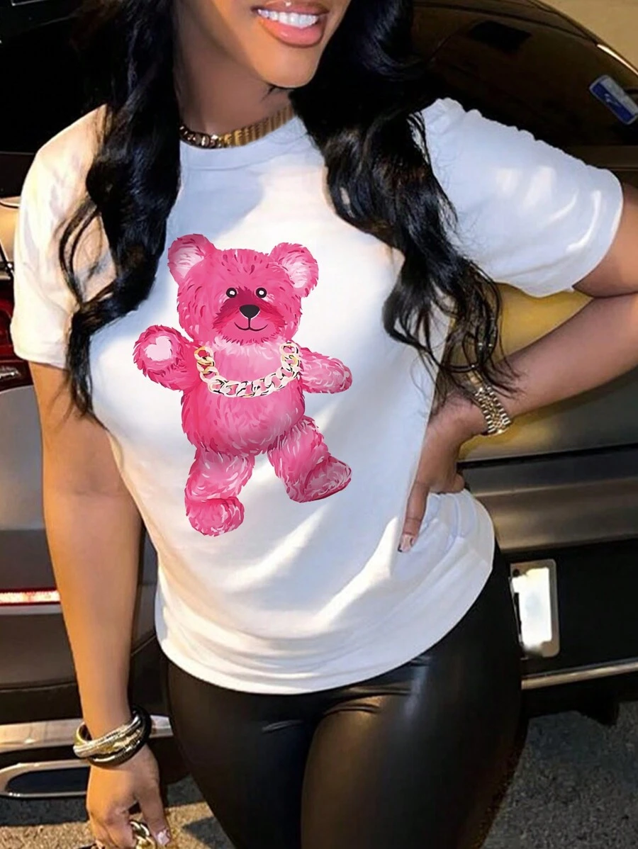 SHEIN LUNE Cartoon Bear Printed T-shirt - White - View 1