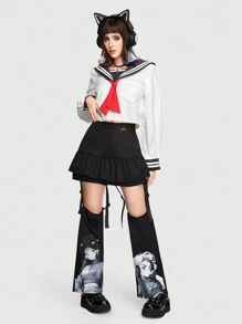 ROMWE J-Fashion 女式日本風水手領恤衫,附有印花口袋,可愛風格 - 灰色 - 查看 1