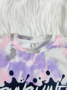 SHEIN Conjunto De Sudadera Teñida Anudada Y Leggings Rasgados Con Estampado De Salpicaduras De Tinta De Corte Holgado Para Niña Tween, Invierno - Morado - Ver 4