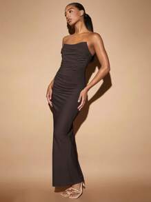 SHEIN BAE Women's Solid Color Pleated Tube Top Dress - Coffee Brown - View 5