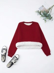 SHEIN LUNE 純色圓領毛絨衫 - 酒紅色 - 查看 1