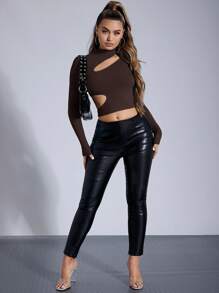 SHEIN SXY 女式鉸空短袖長版t恤 - 巧克力棕 - 查看 3