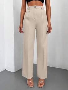 EURMUSE Solid Slant Pocket Straight Leg Suit Trousers - Apricot - View 5